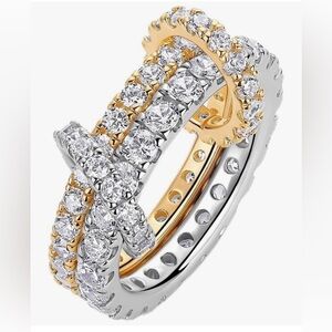 Two-Tone Gold Plated & Silver Cubic Zirconia Cross Ring - Women’s Jewelry